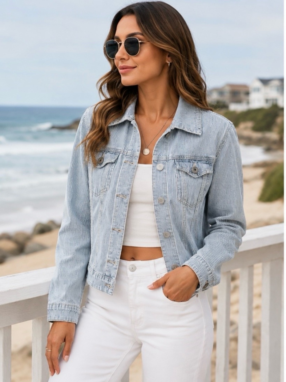 BACCINI Striped Stretchy Denim Jacket Size M